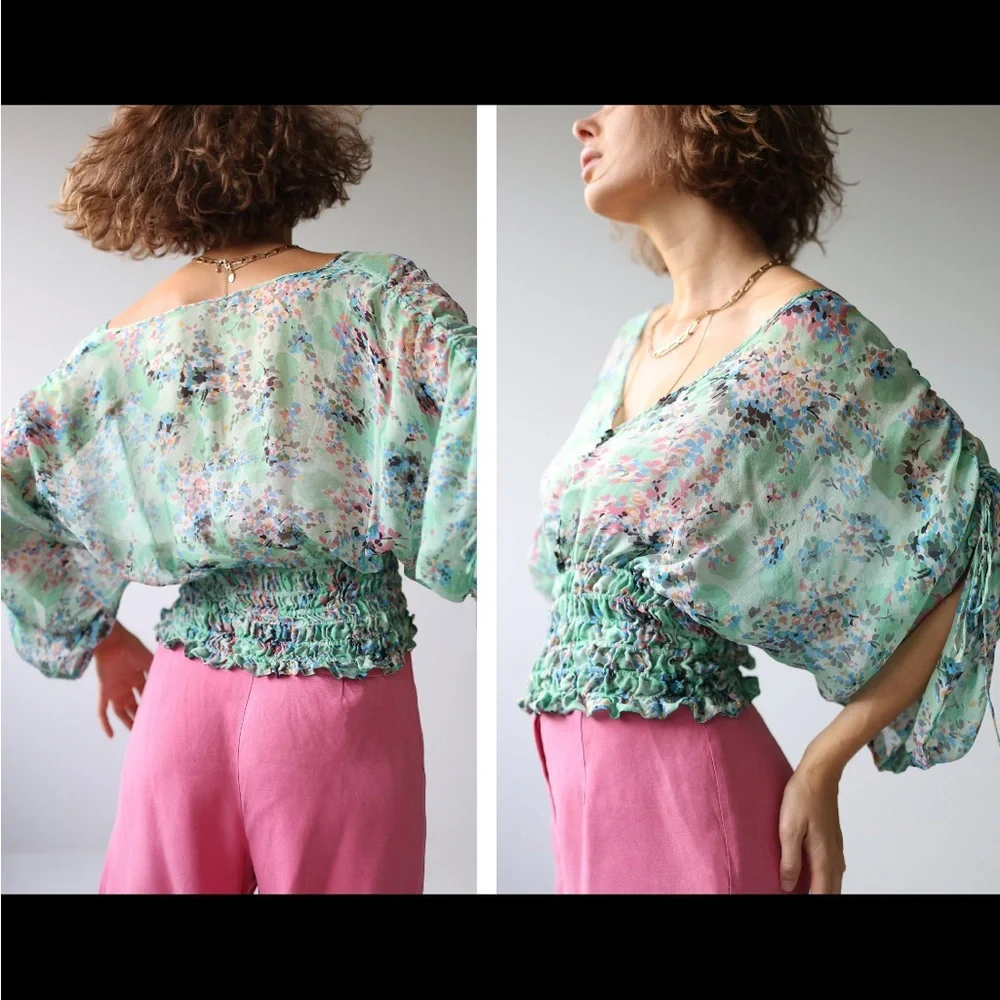 Vintage floral green semi sheer silk wide sleeve blouse top - Picture 3 of 7